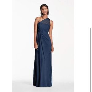 Sz4 Long David’s Bridal Navy 1 Shoulder Dress